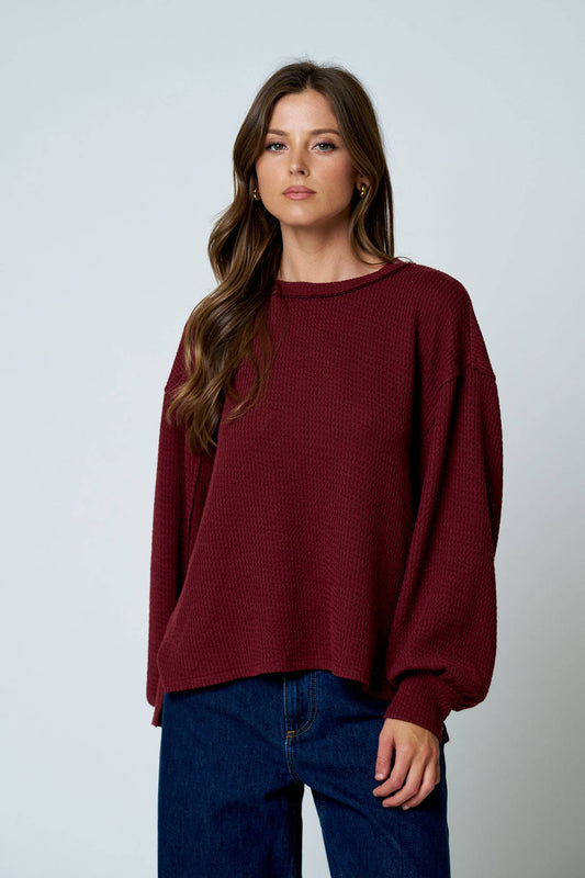 Burgundy - Textured Exposed Seam Oversized Knit Top