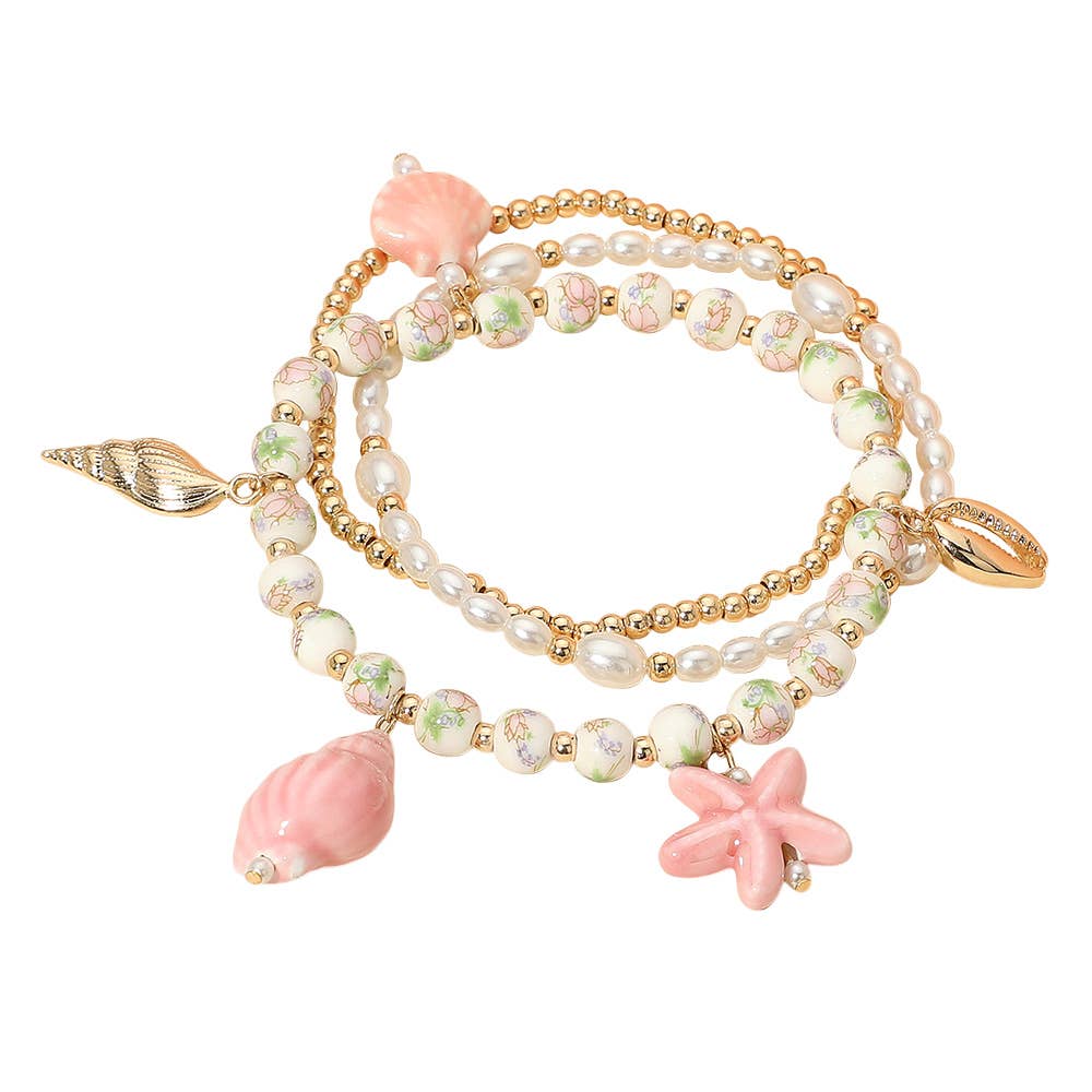 Pink Shell Charm Stretch Multi Layered Bracelets