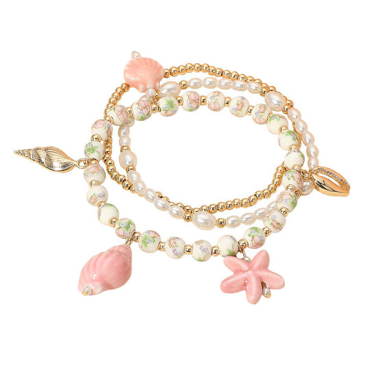 Pink Shell Charm Stretch Multi Layered Bracelets