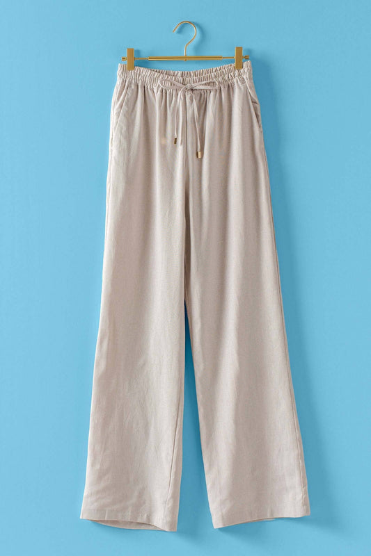 Natural Linen Blend Wide Leg Drawstring Pants