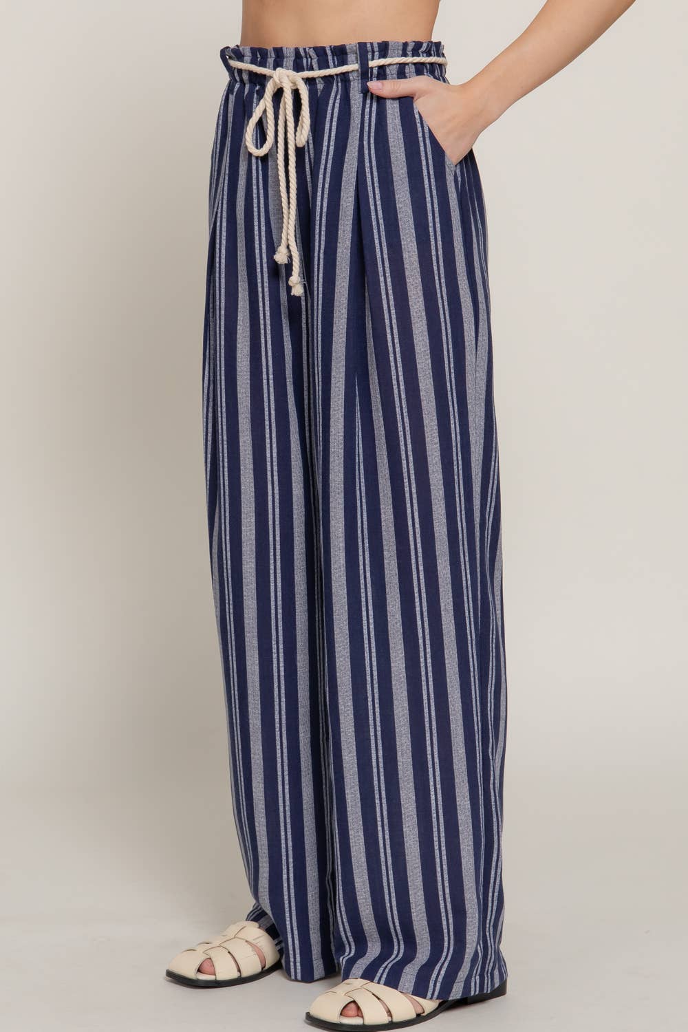 Navy Rope Belted Stripe Linen Pants