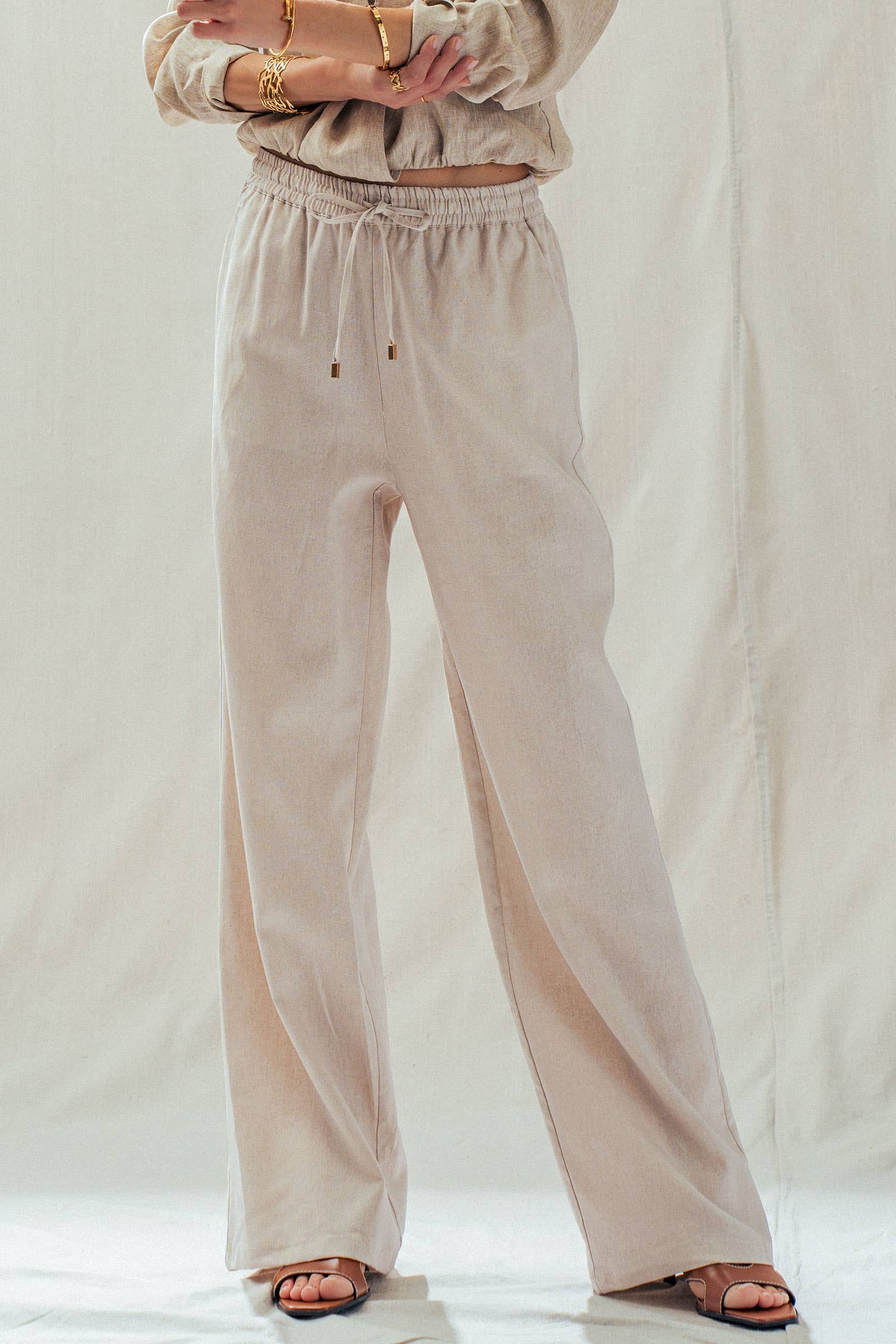Natural Linen Blend Wide Leg Drawstring Pants