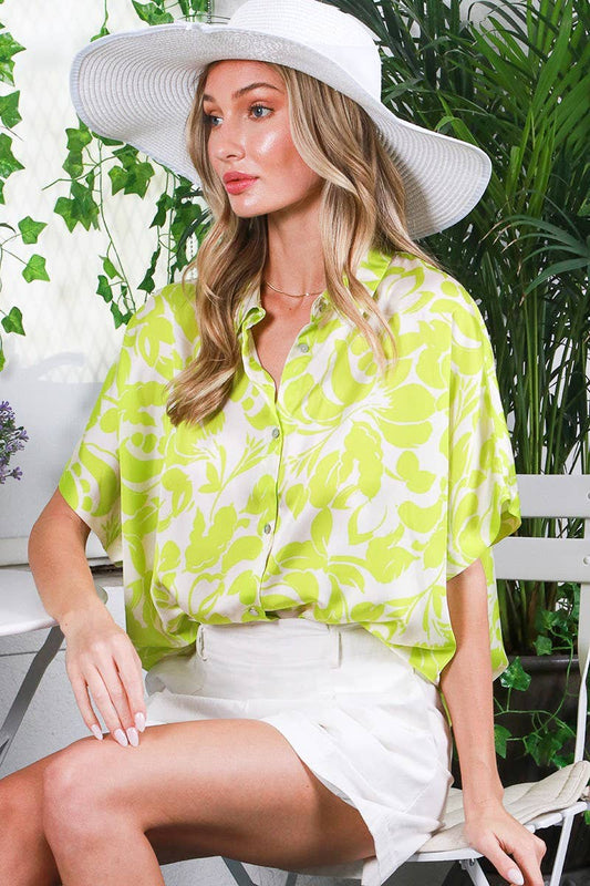 Yellow Satin Collared Floral Blouse