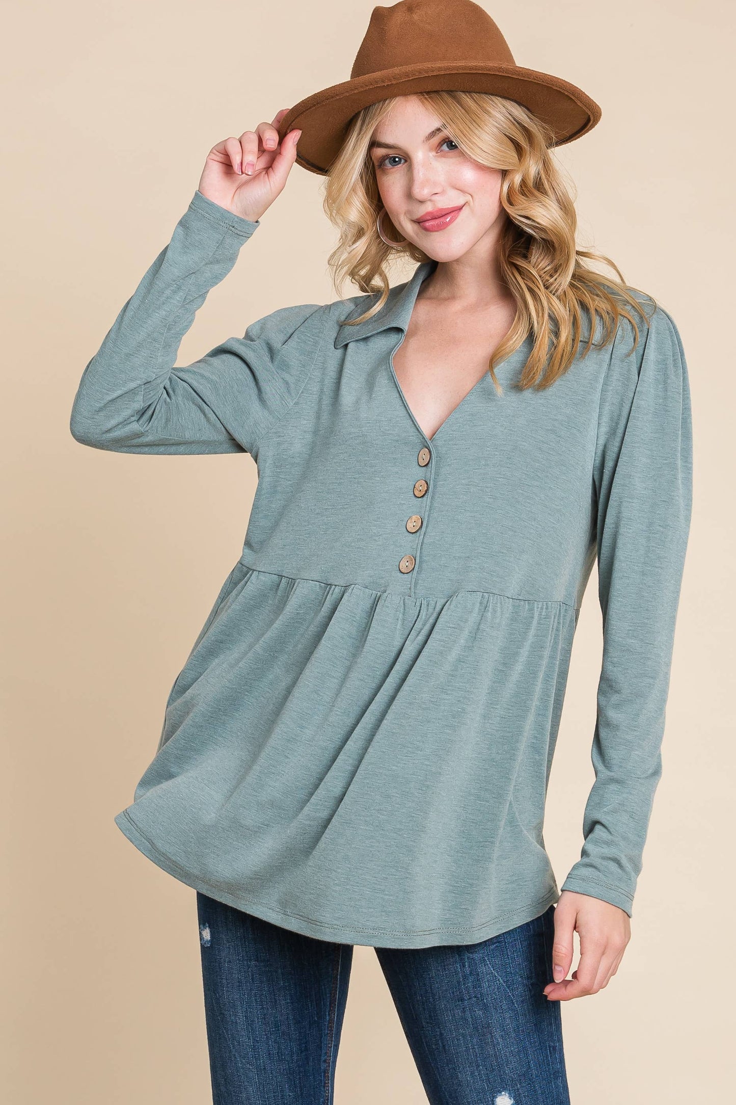Sage Button Up Babydoll Tunic