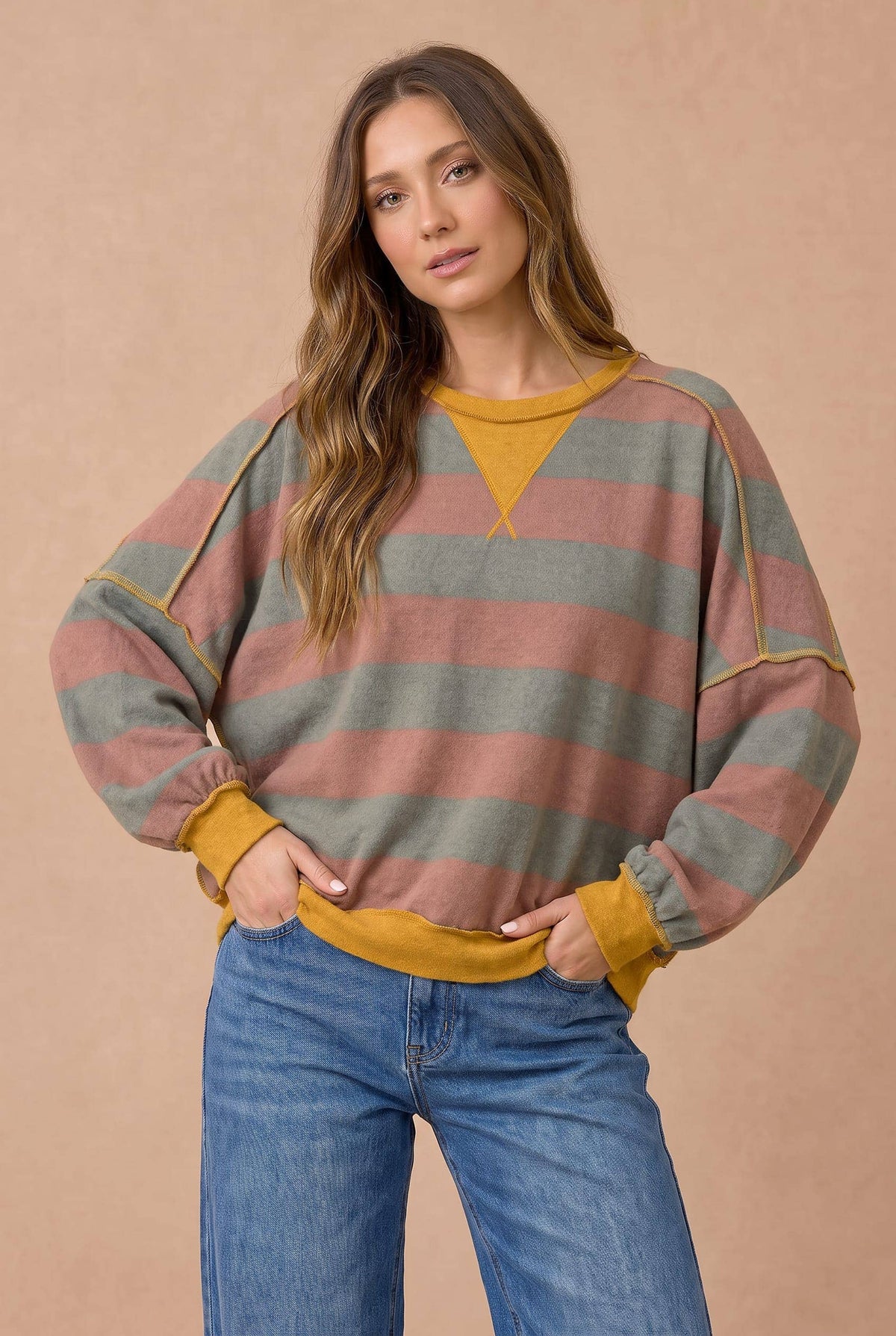 Cider Striped Color Block Hacci Pullover Top