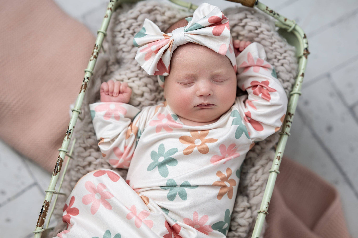 Flower Power Infant Baby Gown + Bow Headband Set