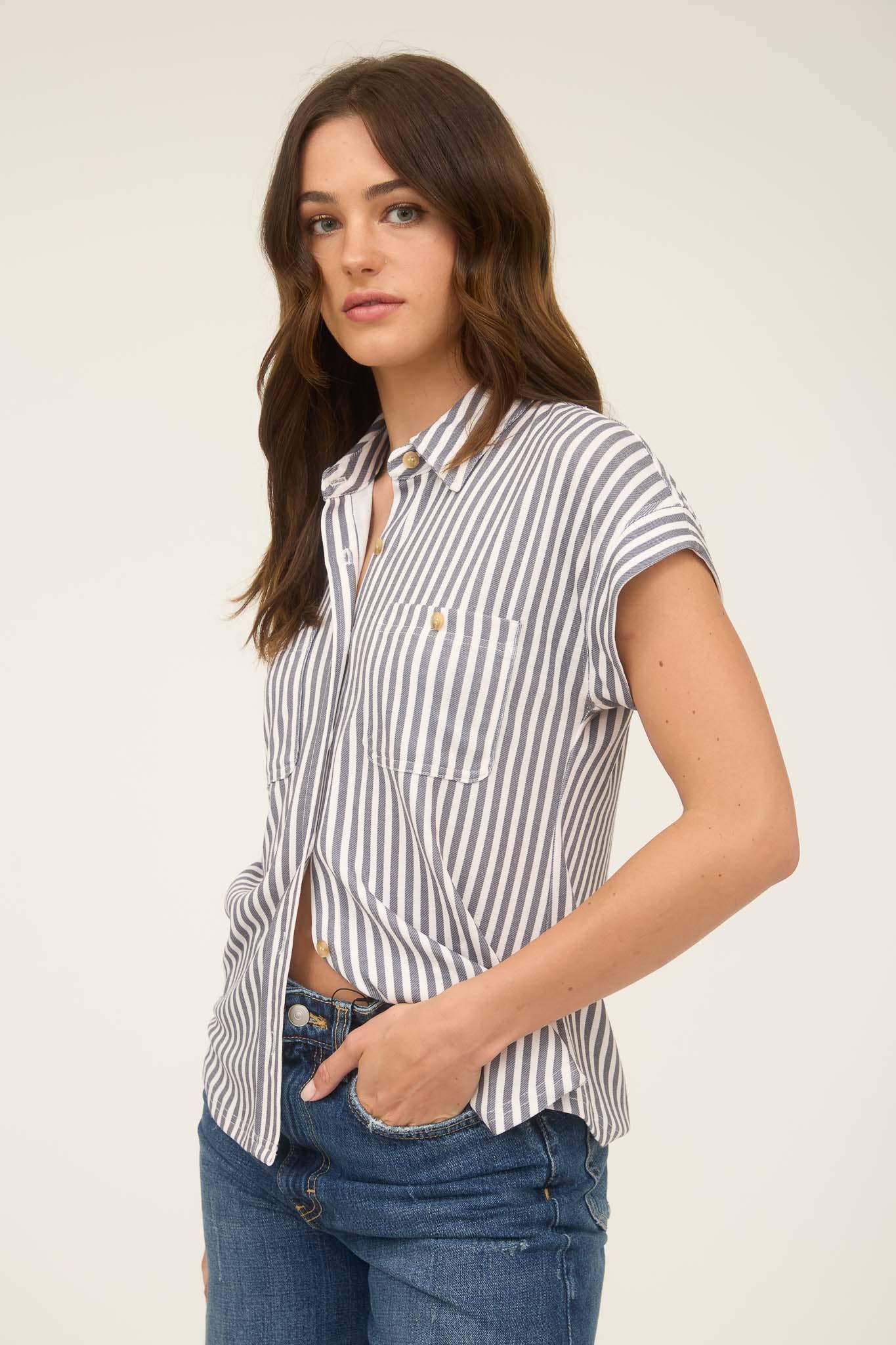 CHARCOAL STRIPE BUTTON DOWN TOP