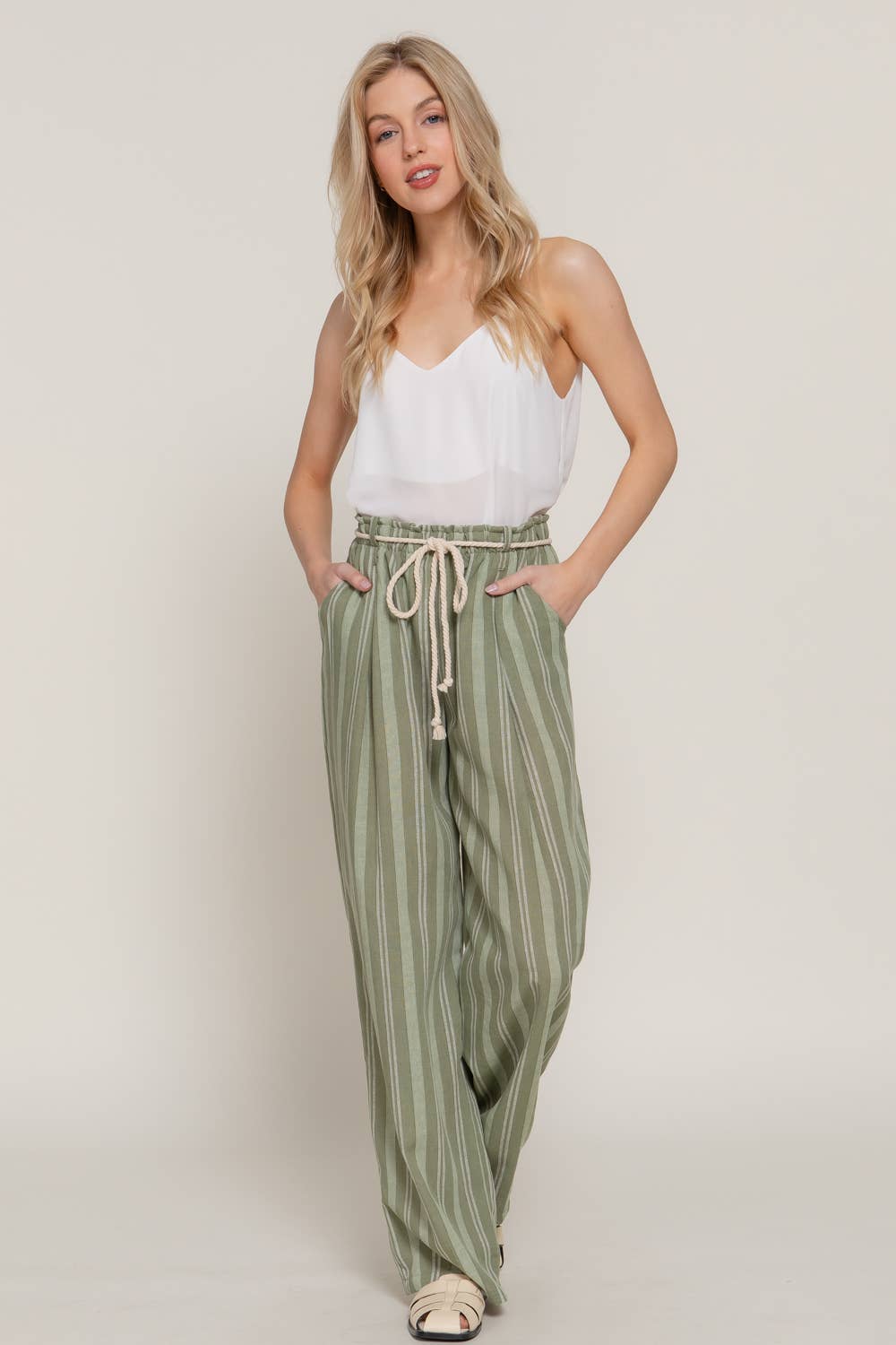 Olive Robe Belt Striped Linen Pants