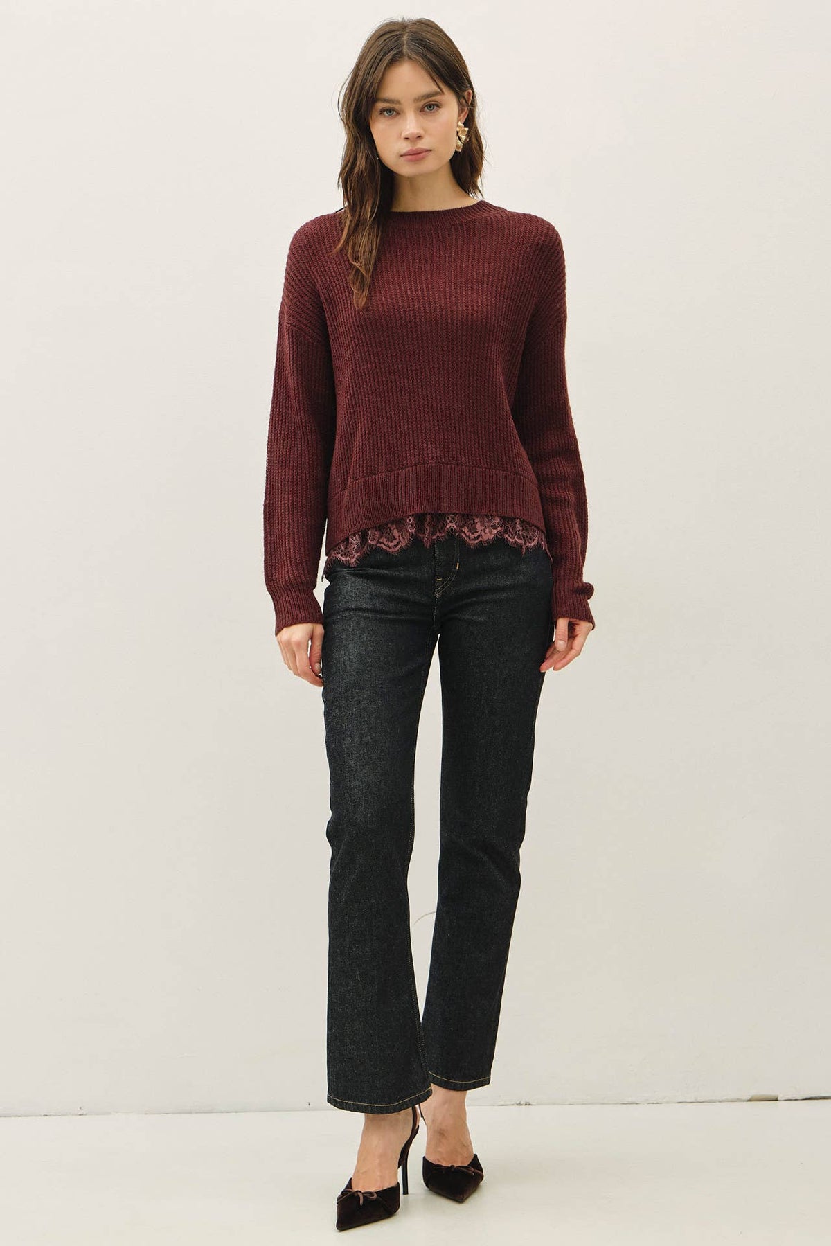 SCALLOPED LACE HEM WOOL BLENDED SWEATER