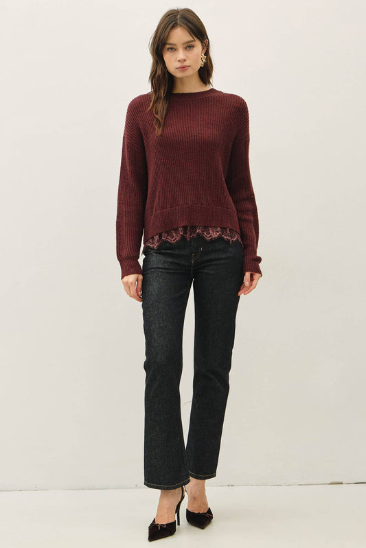 SCALLOPED LACE HEM WOOL BLENDED SWEATER