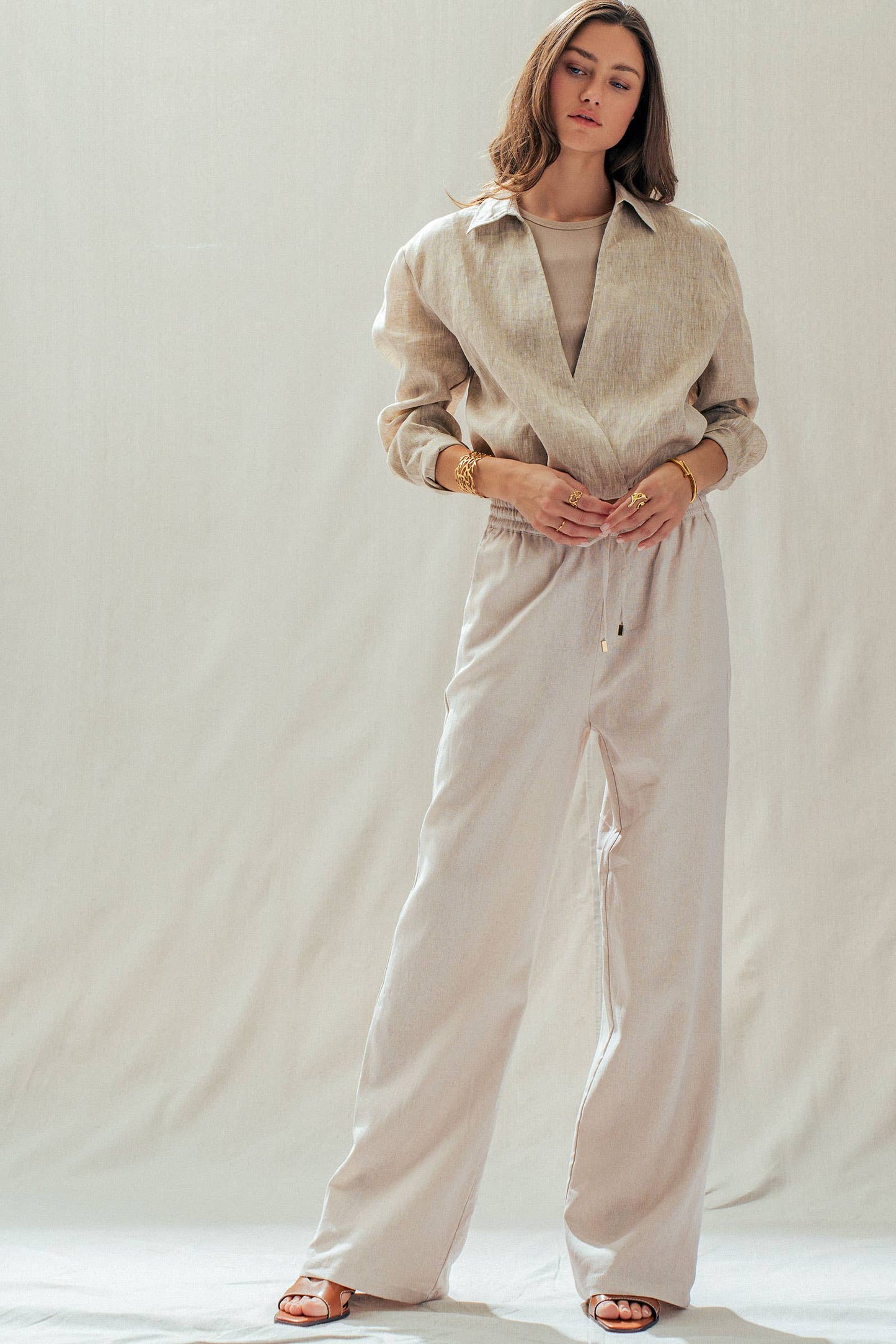 Natural Linen Blend Wide Leg Drawstring Pants