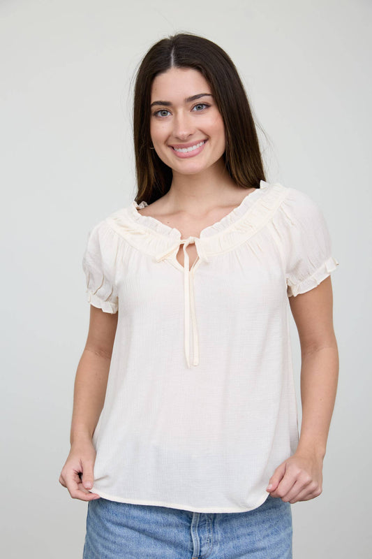 Cream Ruffled Boat Neck Front Tie Blouse