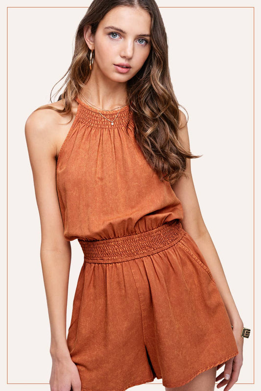 Ginger Mineral Washed Sleeveless Romper with Pockets