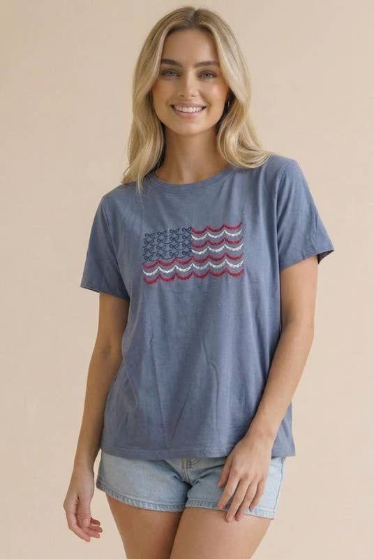 Ribbon and Scallop Embroidery American Flag Top