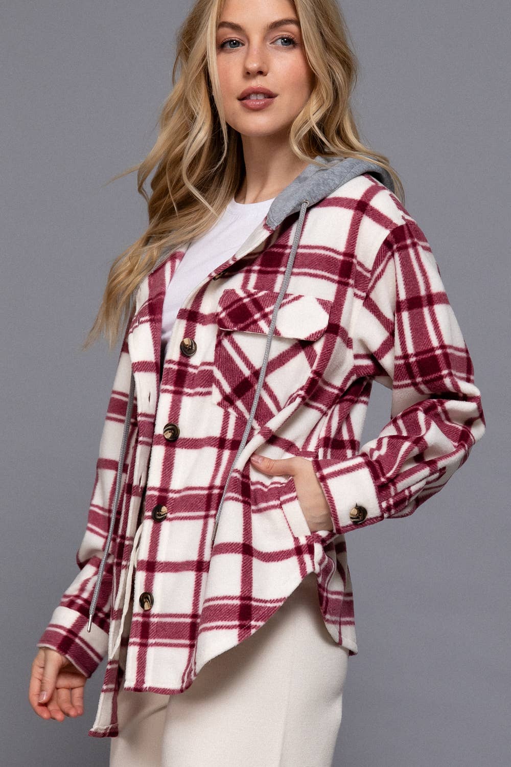 Wine Plaid Button Down with Hoodie Fleece Jacket