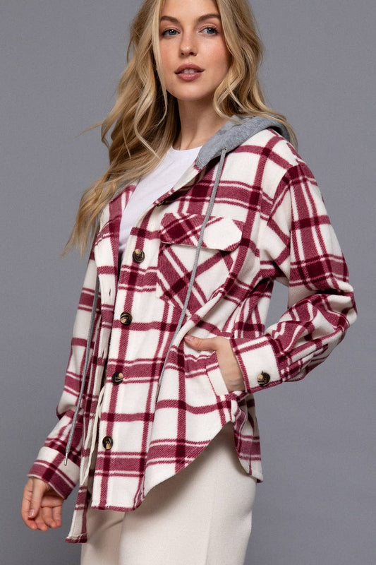 Wine Plaid Button Down with Hoodie Fleece Jacket