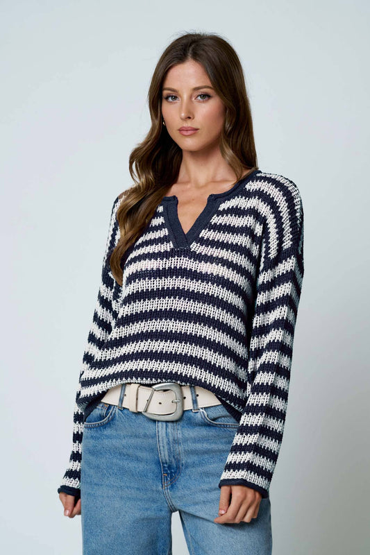 Navy Striped Split Neck Sweater