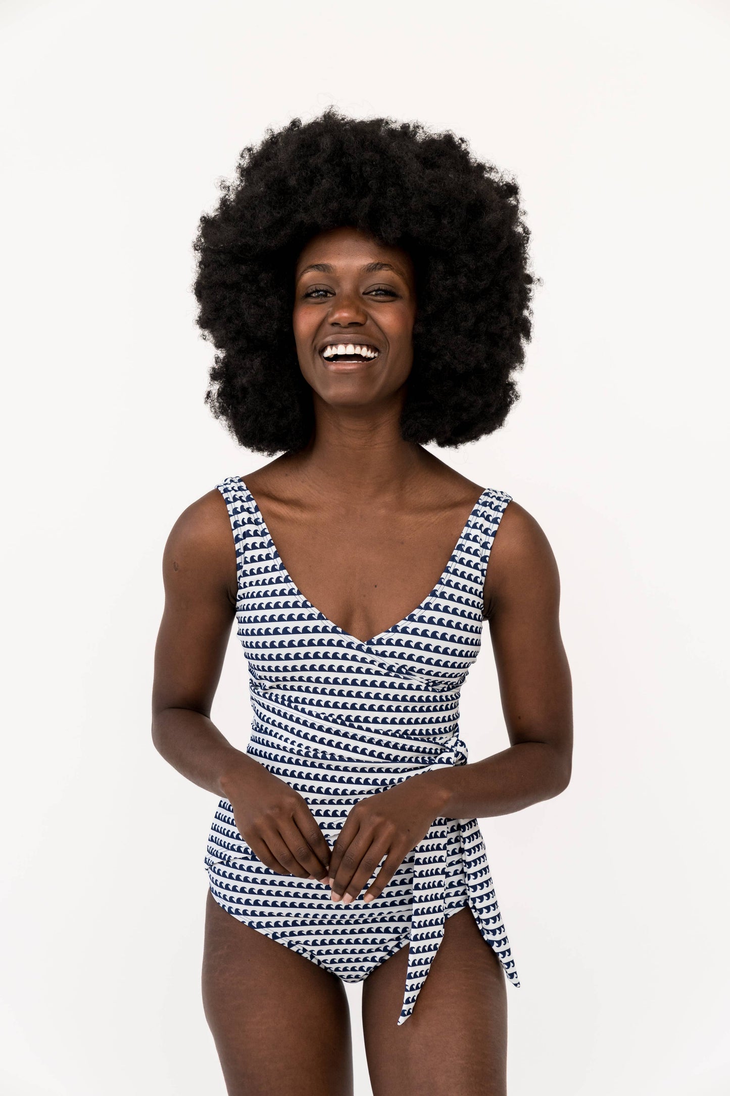 Navy Seaside Wave Front Wrap One Piece Swimsuit