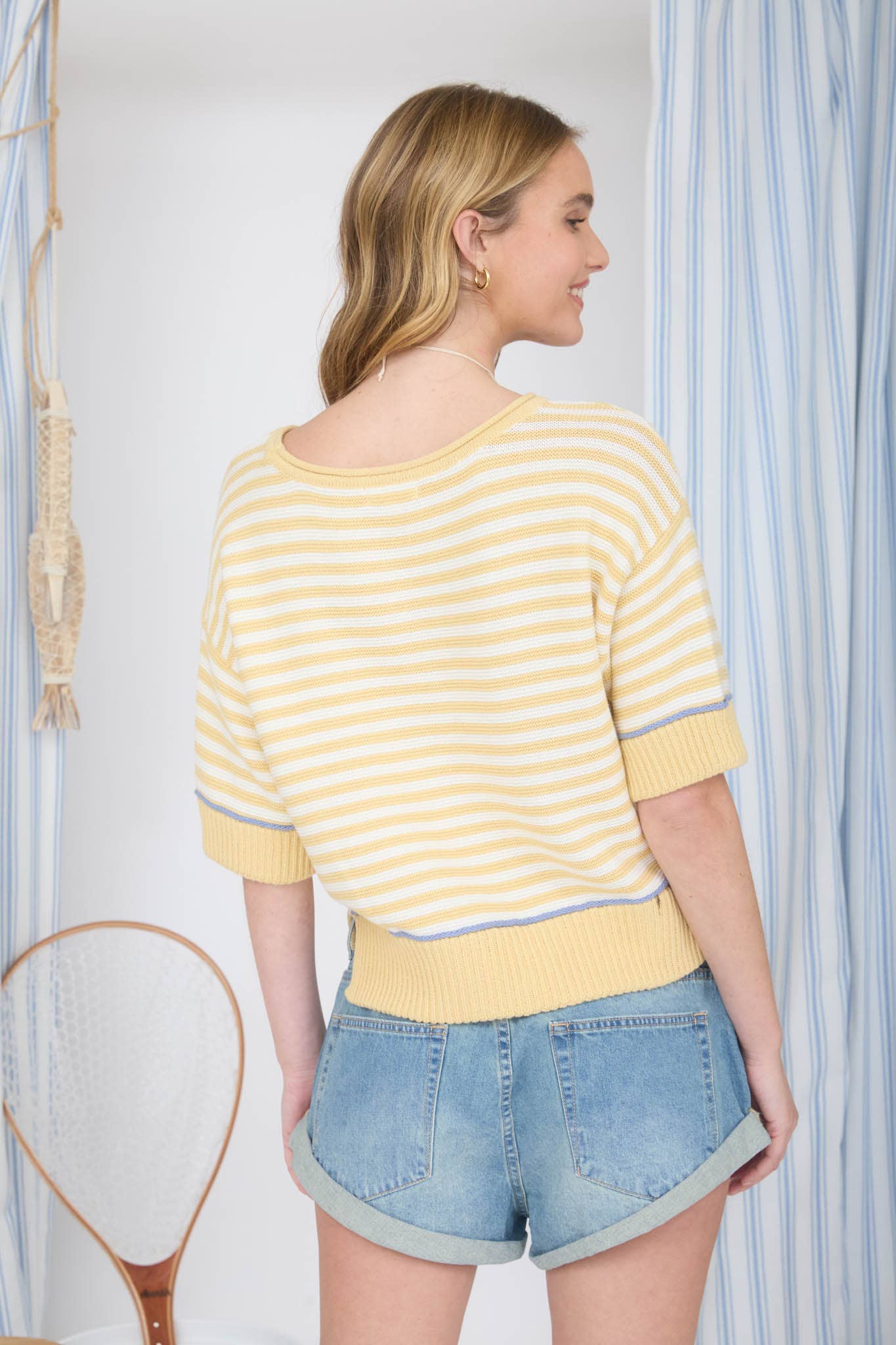 Butter Yellow Striped Raw Edge Contrast Trim Sweater