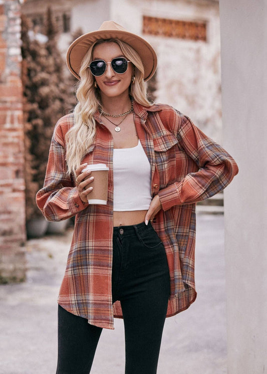 Caramel Oversized Loose Plaid Button Down