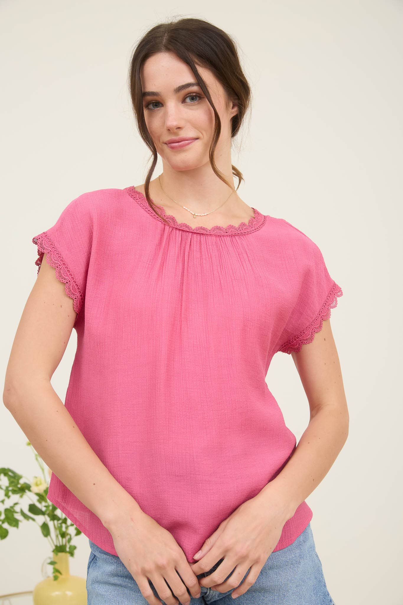 Fuchsia Lace Trim Back Bow Detailed Blouse