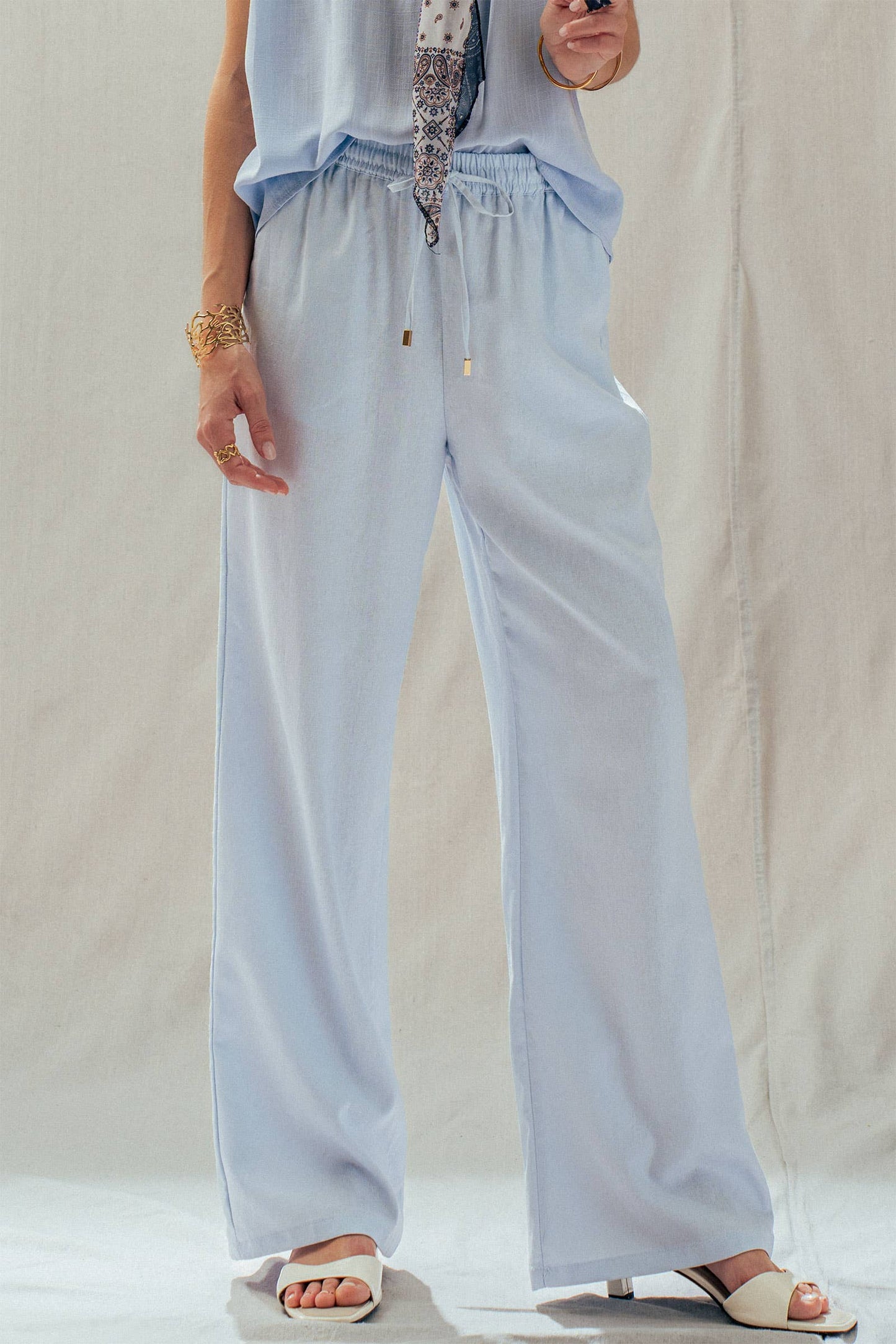 Blue Linen Blend Wide Leg Drawstring Pants