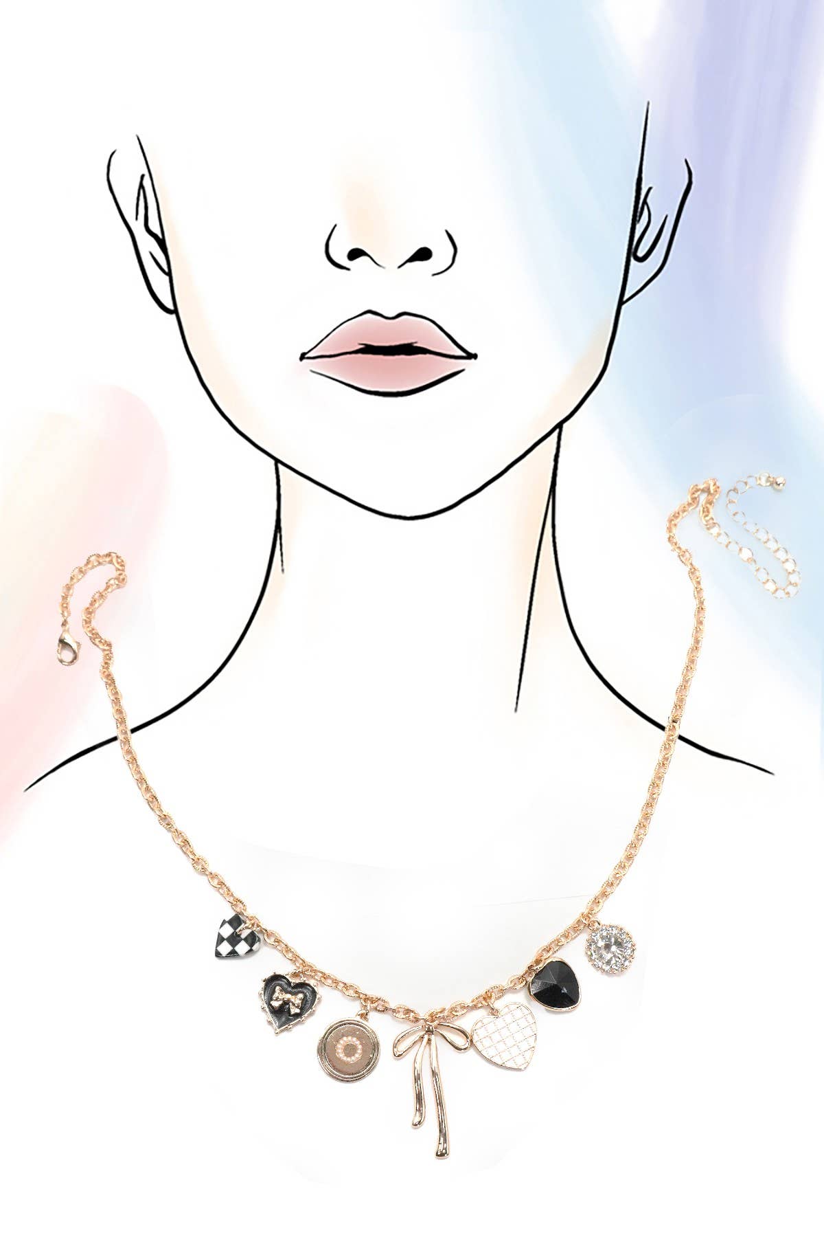 BOW CHECKER RHINESTONE CHARM NECKLACE