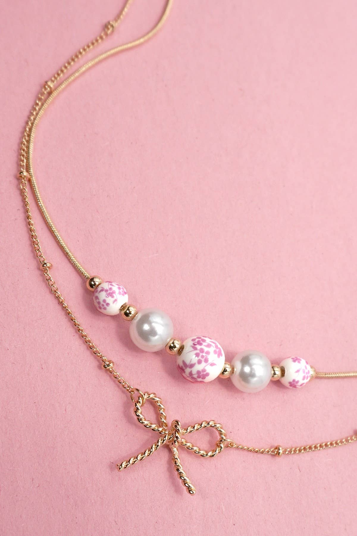 Pink Pearl + Porcelain Layered Bow Necklace