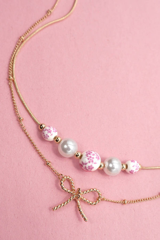 Pink Pearl + Porcelain Layered Bow Necklace