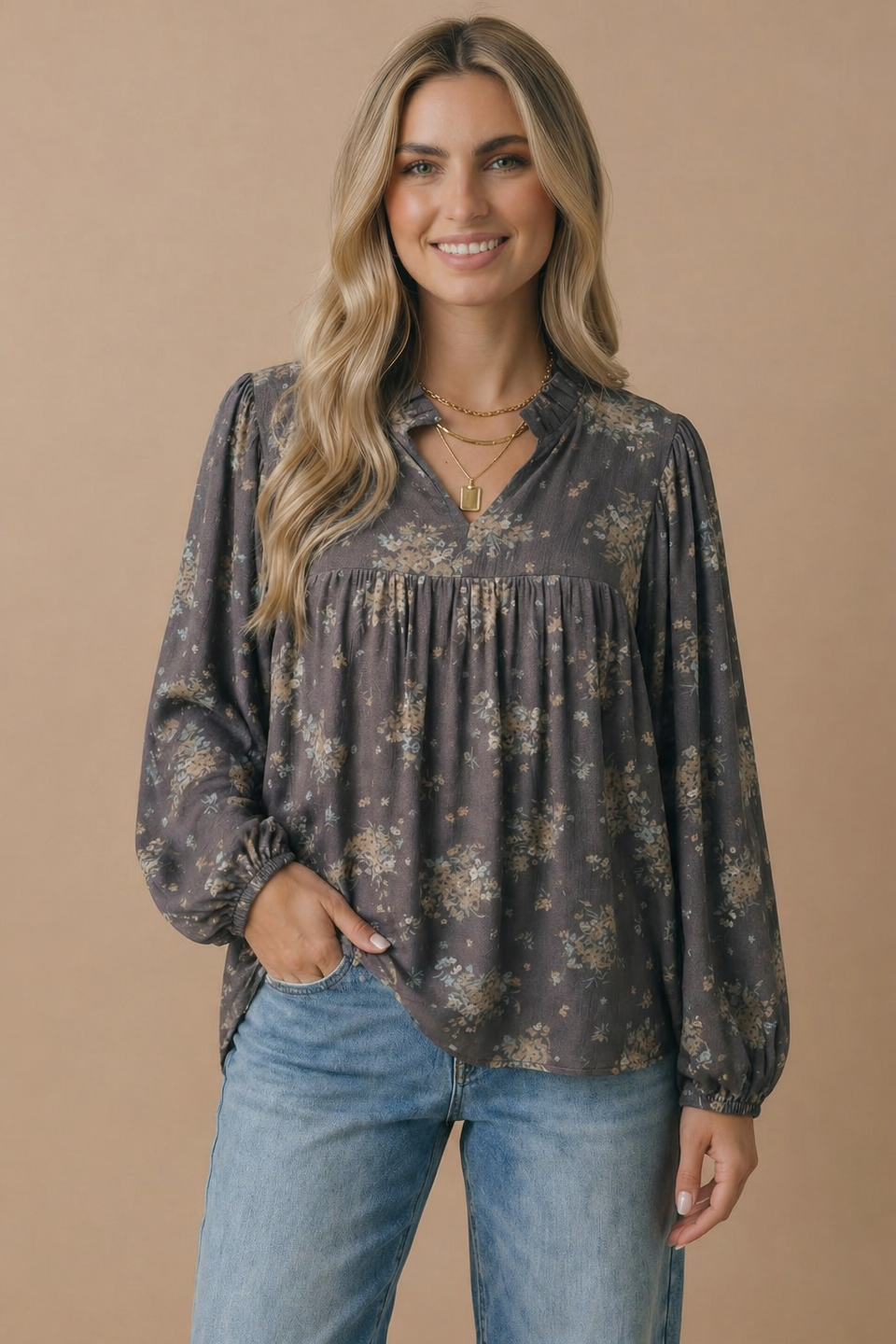 Charcoal Floral Frilled Notch Neck Woven Blouse