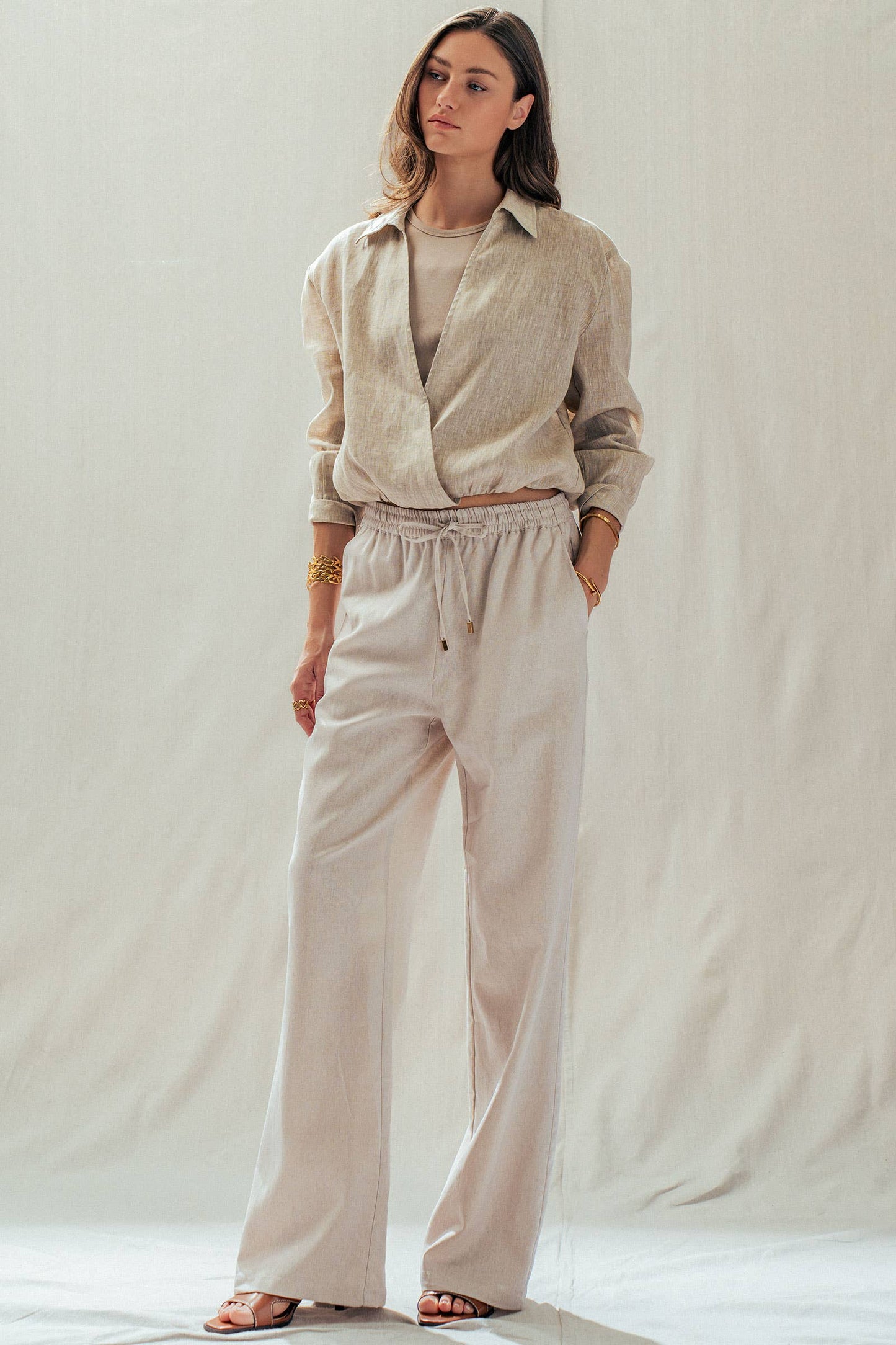 Natural Linen Blend Wide Leg Drawstring Pants
