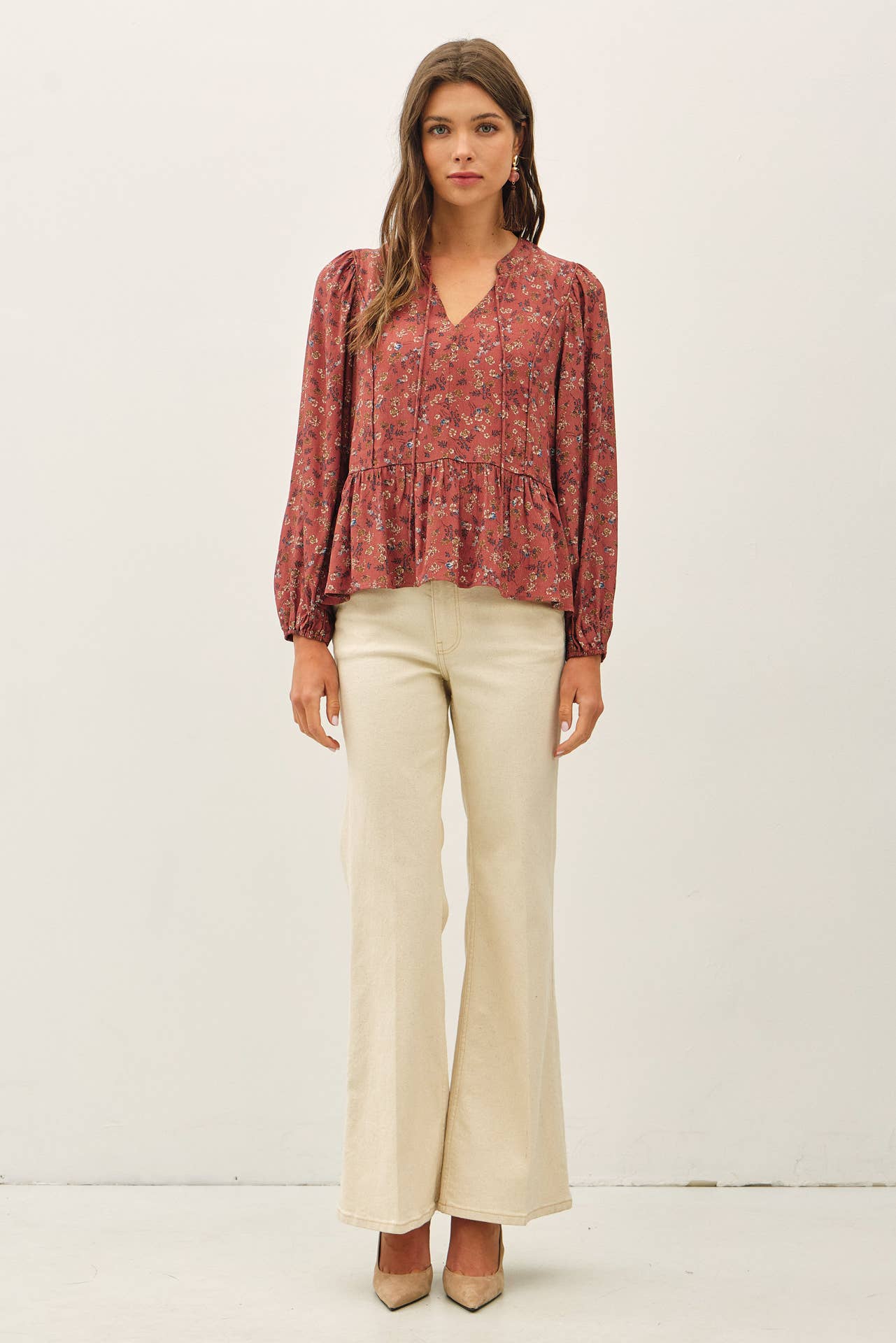 FLORAL PRINT V-NECK CHIFFON BLOUSE TOP