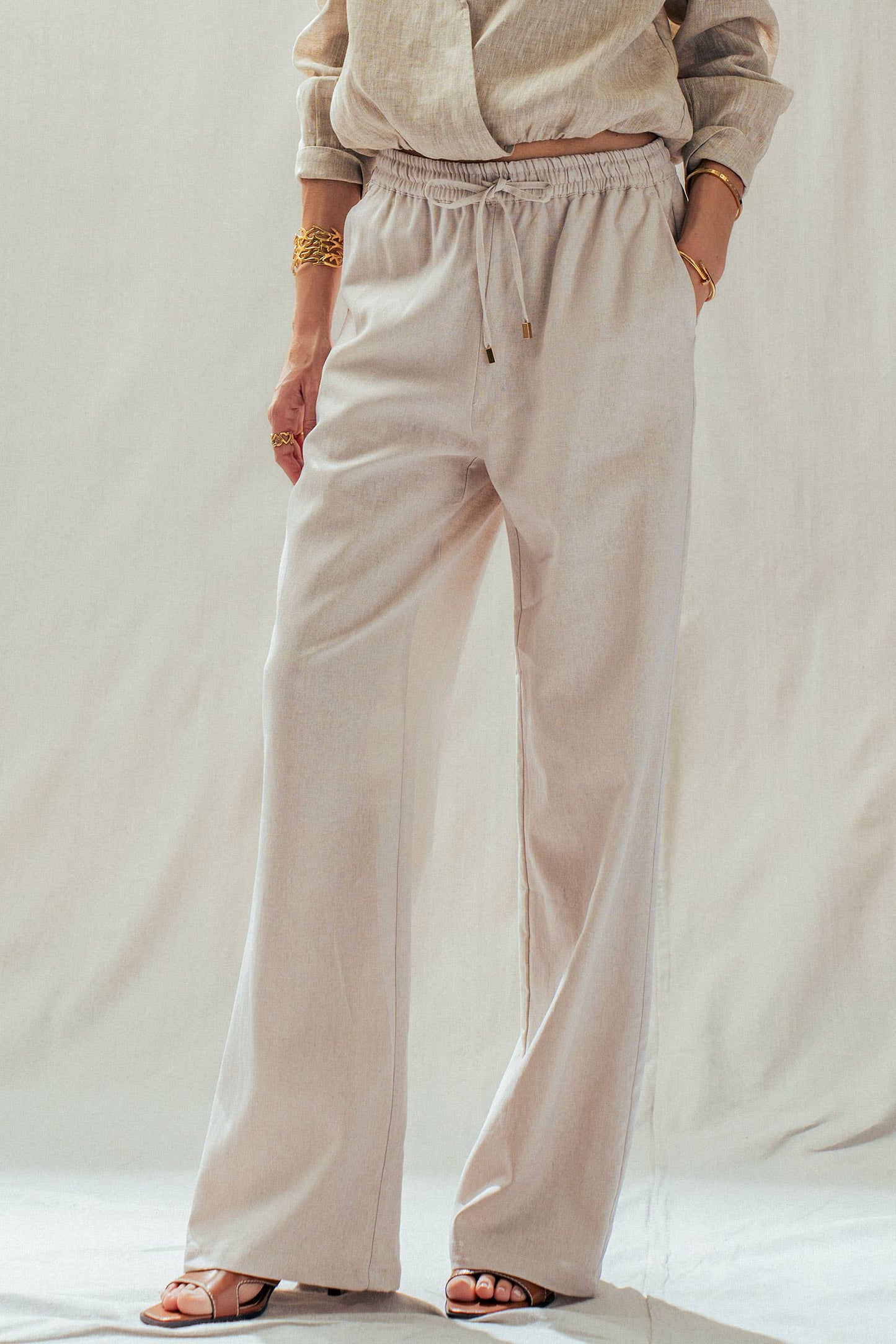 Natural Linen Blend Wide Leg Drawstring Pants