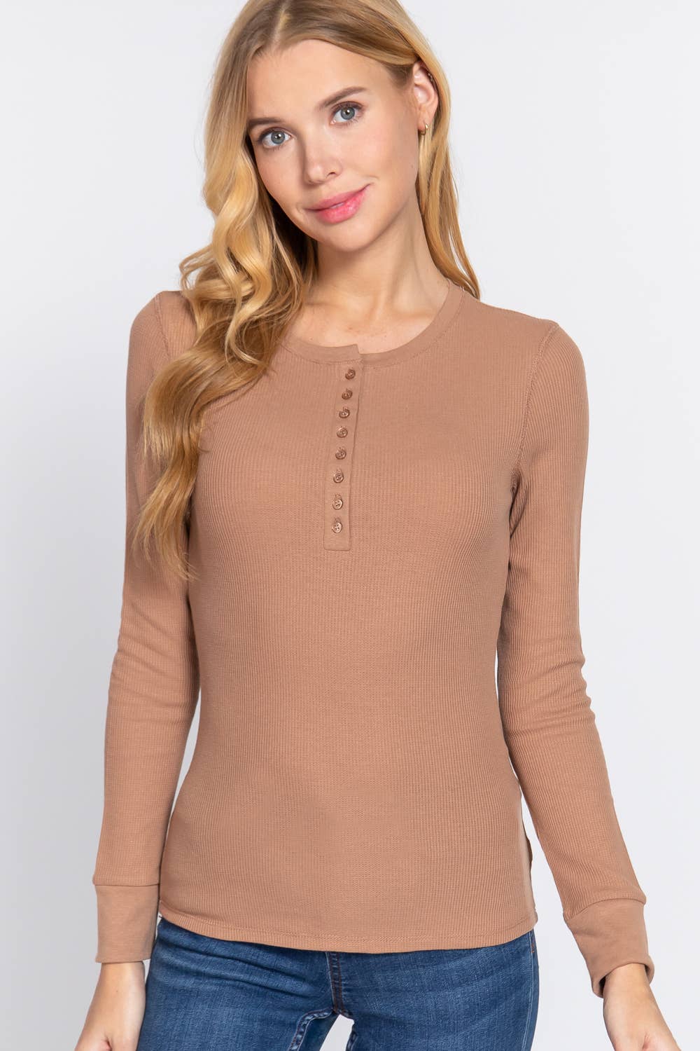 Long Sleeve Henley Thermal Knit Top