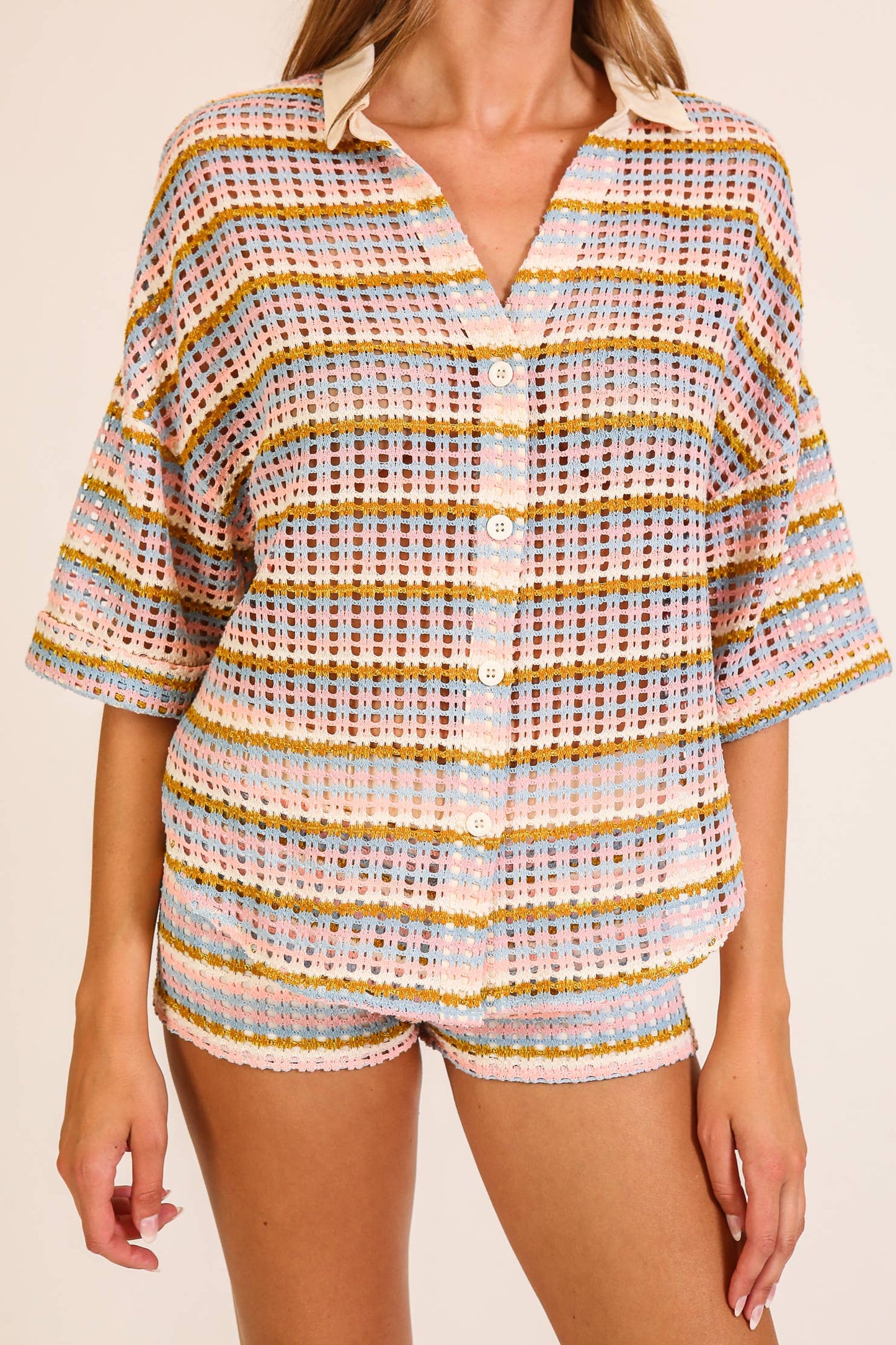 Striped Open-Knit Button Up Short Set