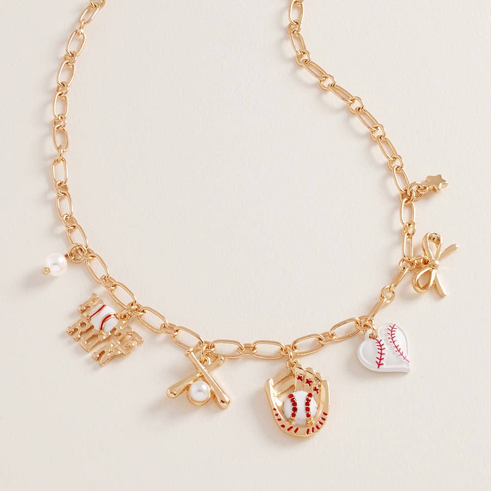 Baseball Pearl Bow Charm Necklace
