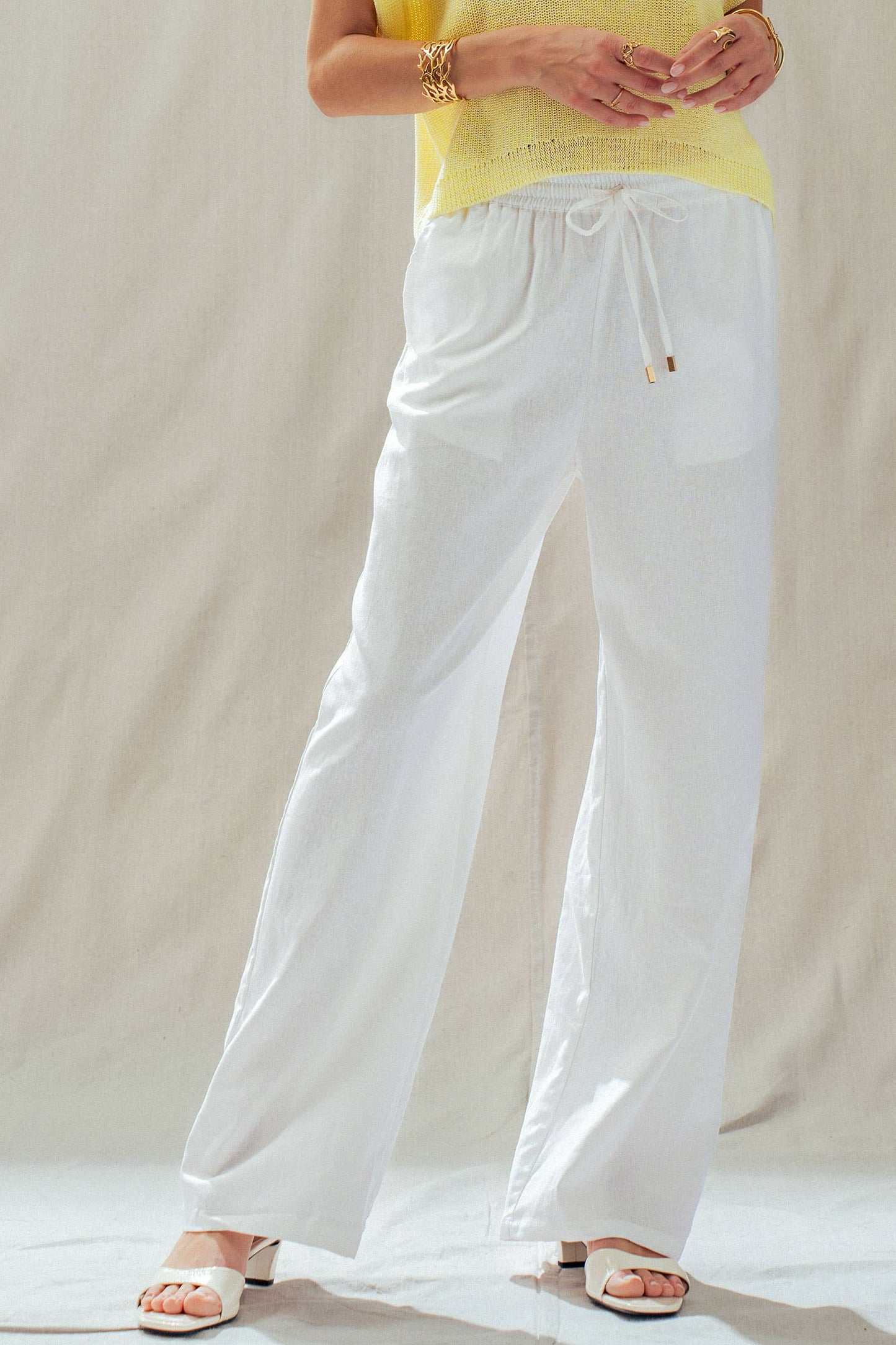 White Linen Blend Wide Leg Drawstring Pants