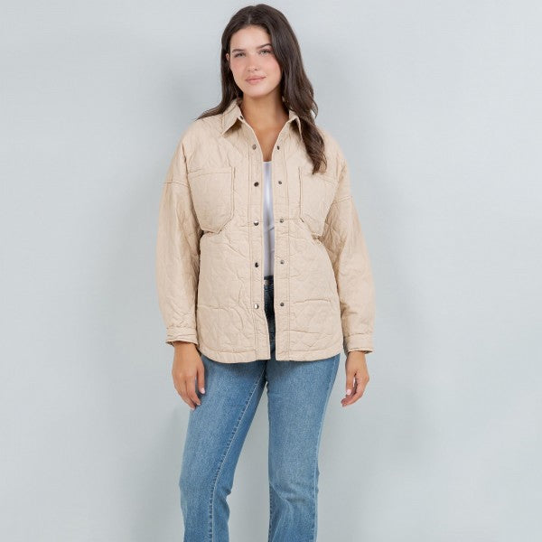 Beige Light Weight Quilted Shacket With Collar