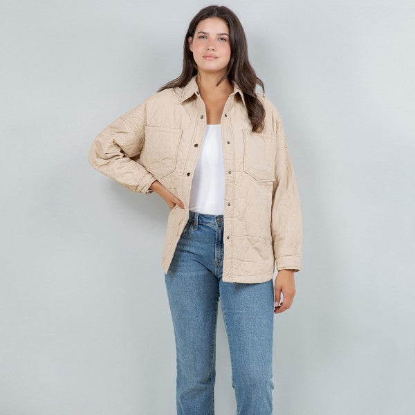 Beige Light Weight Quilted Shacket With Collar