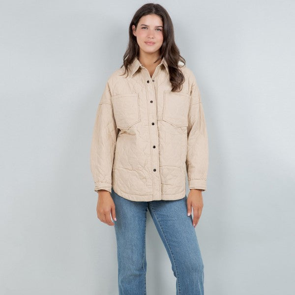 Beige Light Weight Quilted Shacket With Collar