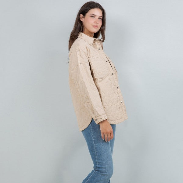 Beige Light Weight Quilted Shacket With Collar