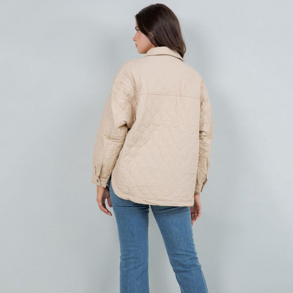 Beige Light Weight Quilted Shacket With Collar