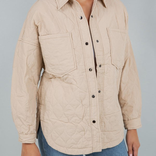Beige Light Weight Quilted Shacket With Collar