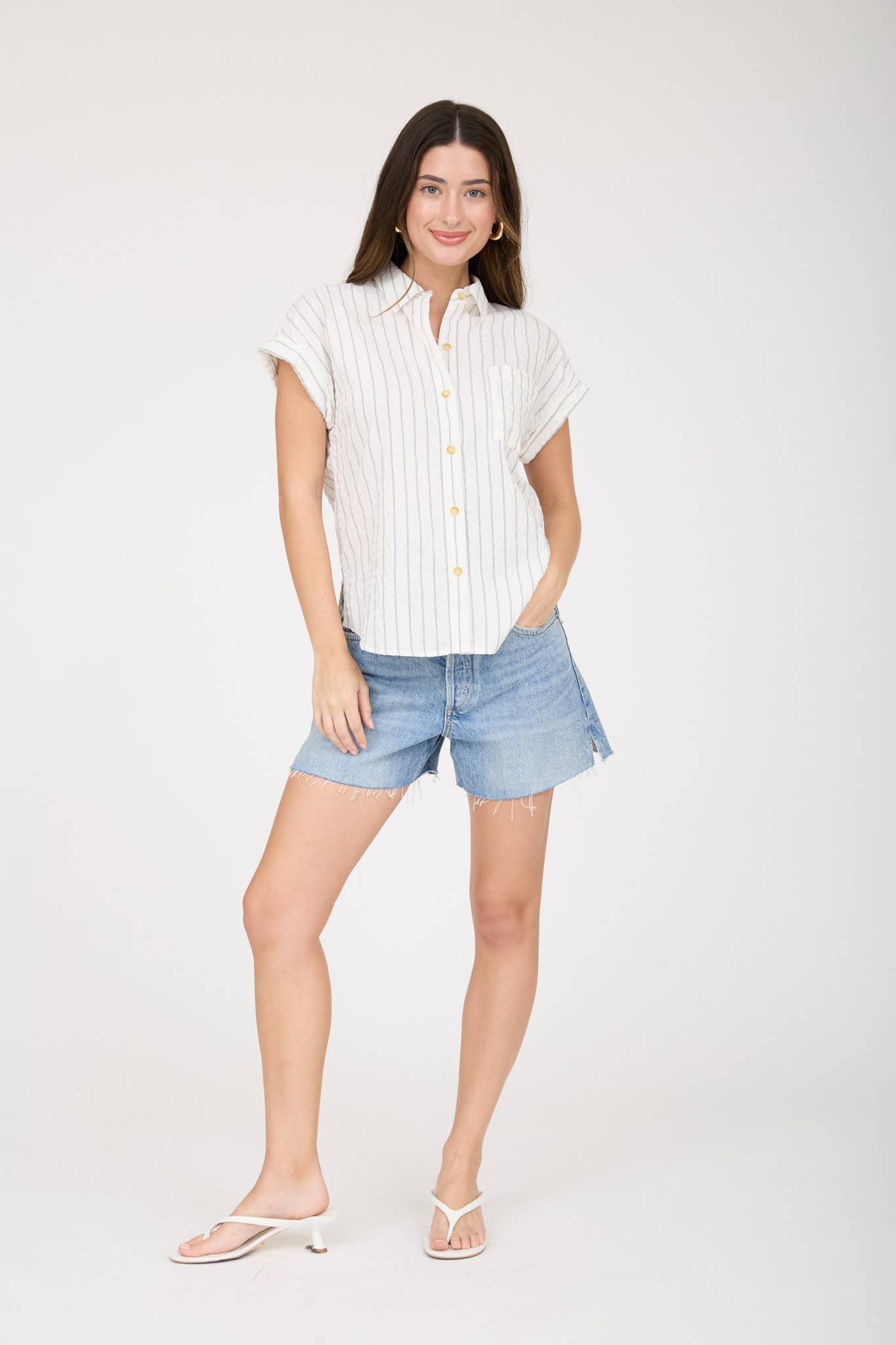 STRIPE EXTENDED SHOULDER COLLARED SHIRT
