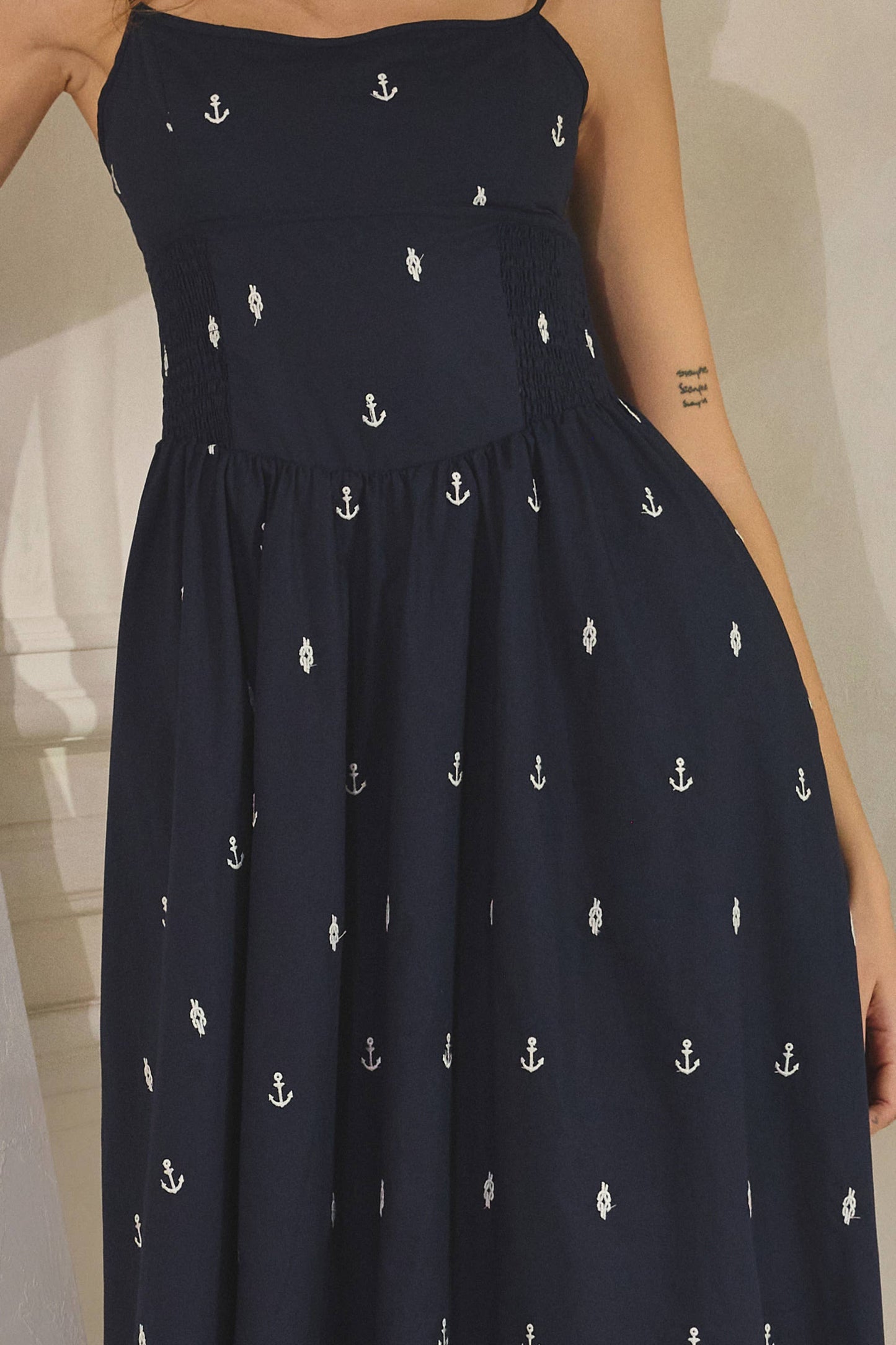 Embroidered Anchor Smocked Maxi Dress