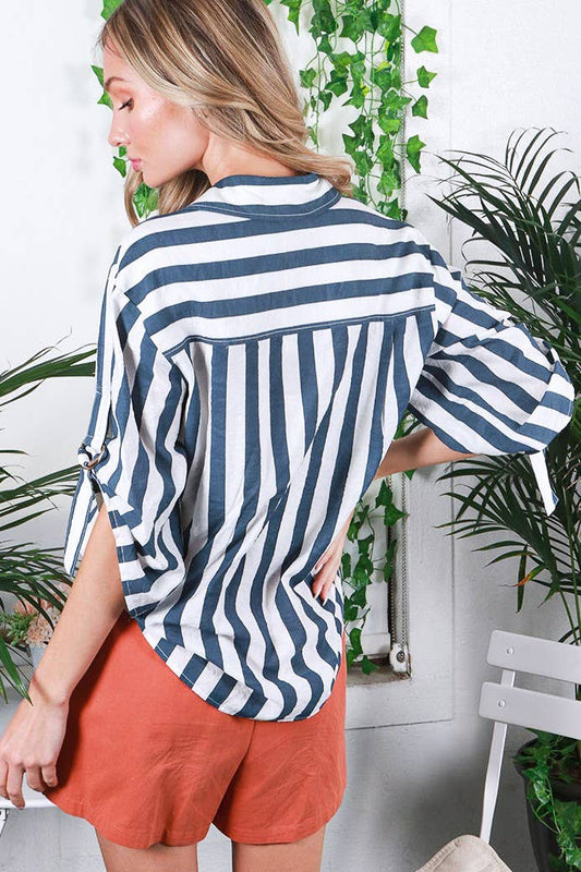 Navy Collared Roll-up sleeve stripe shirt