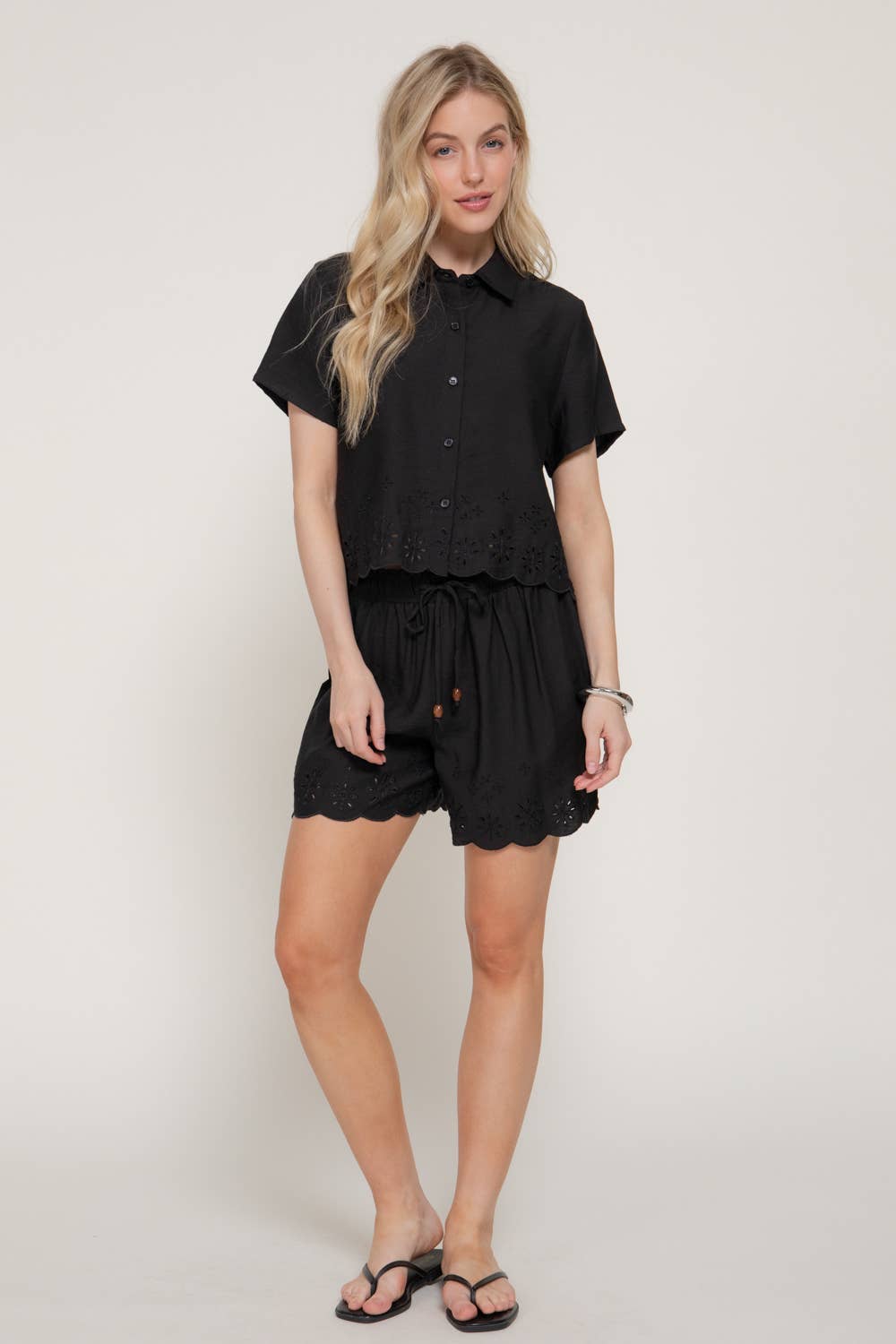 Black Eyelet Hem Woven Shorts