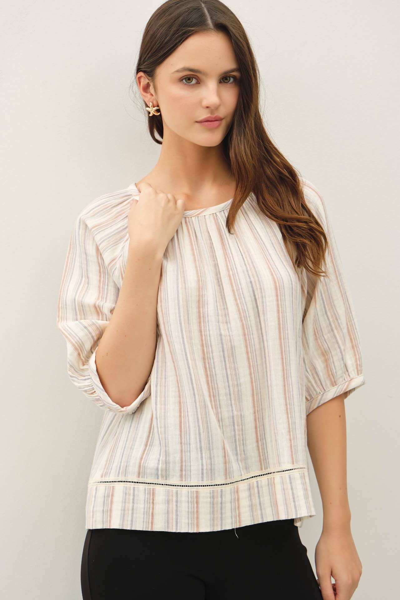 Slate Striped Gauze 3/4 Sleeve Top