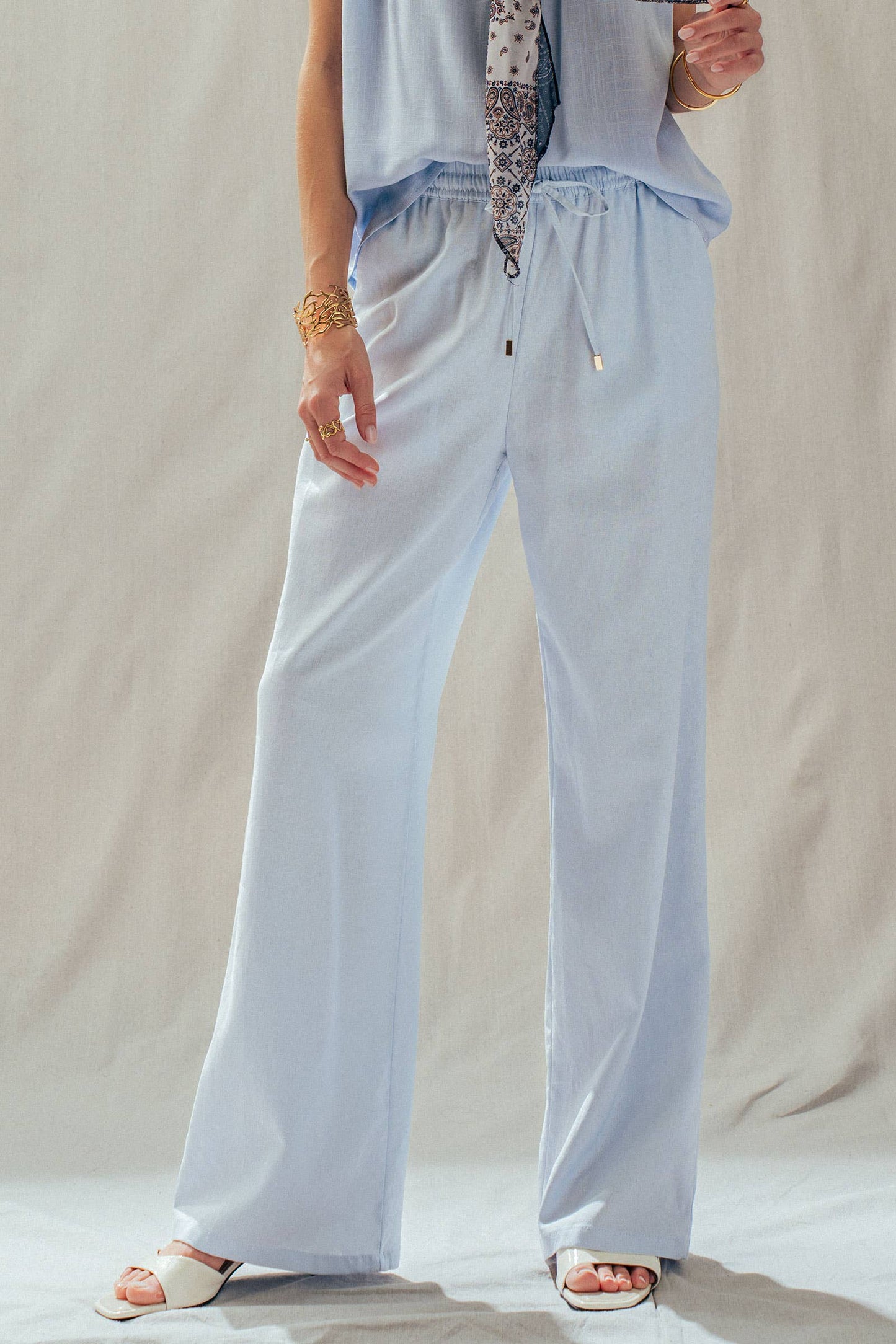 Blue Linen Blend Wide Leg Drawstring Pants