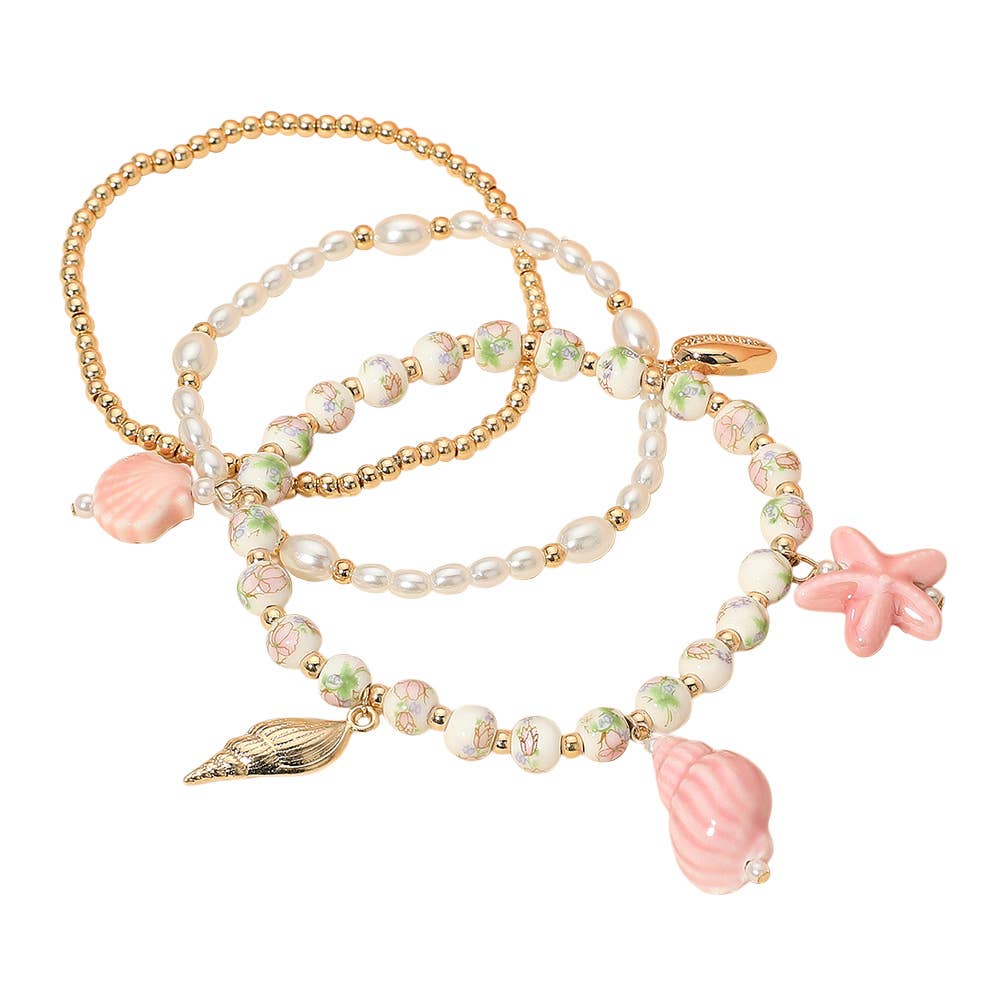 Pink Shell Charm Stretch Multi Layered Bracelets